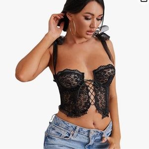 Shein Floral Sheer Eyelash Lace Up Bustier Cami Top Tie Shoulder Bralette